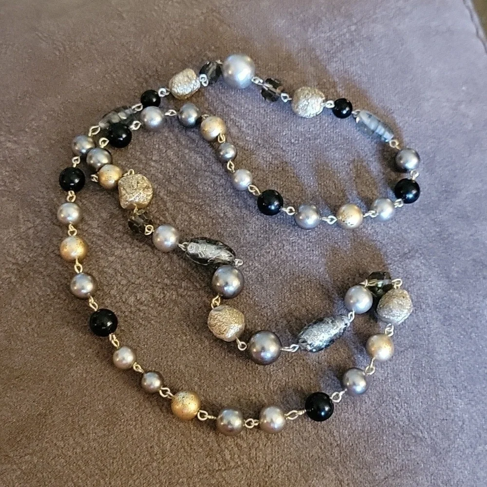 HANDMADE Silver Foil Glass Beaded Chain Necklace - Picture 2 of 6